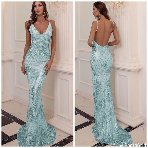 NWT Lin Lin Q Open Back Sequin Wedding Deep V Spaghetti Straps Baroque Dress - Picture 2 of 15